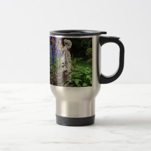 Blue delphinium flower garden and statue travel mug