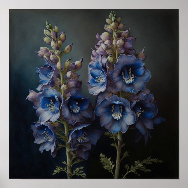 Blue Delphinium Flowers Art Print Poster (Front)
