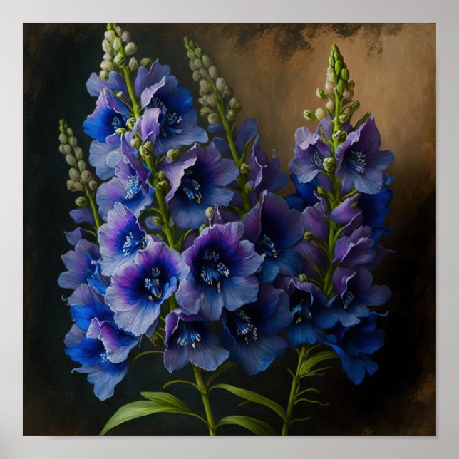 Blue Delphinium Flowers Art Print Poster (Front)