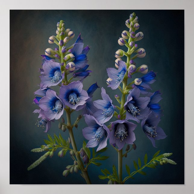 Blue Delphinium Flowers Art Print Poster (Front)