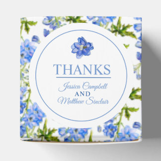 Blue delphinium flowers on white thanks favour box