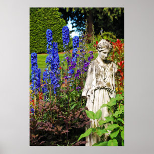 Blue delphinium garden and greek goddess statue poster
