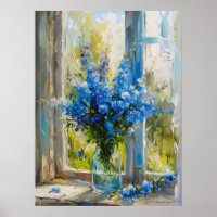 Blue Delphiniums In Vase By The Window A. I. Art
