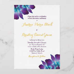 Blue Dendrobium Orchid Gold Wedding Invitation