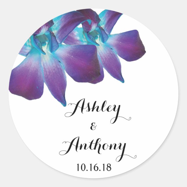 Blue Dendrobium Orchid Personalised Wedding Classic Round Sticker (Front)