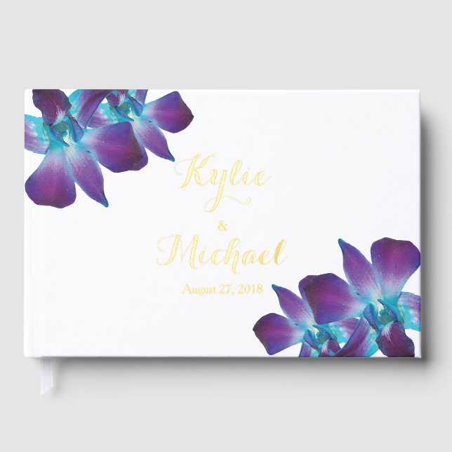 Blue Dendrobium Orchid Real Foil Wedding Guest Book (Front)