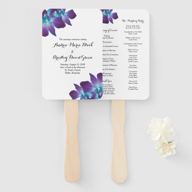 Blue Dendrobium Orchid Wedding Program Fan (Front and Back)