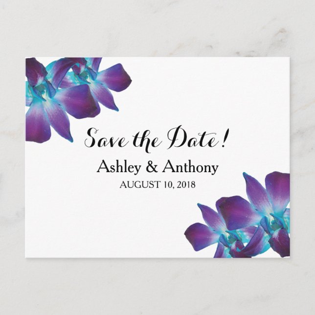 Blue Dendrobium Orchid Wedding Save the Date Announcement Postcard (Front)
