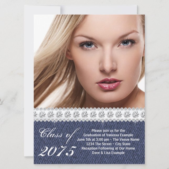 Blue Denim and Diamond Graduation Announcement (Front)