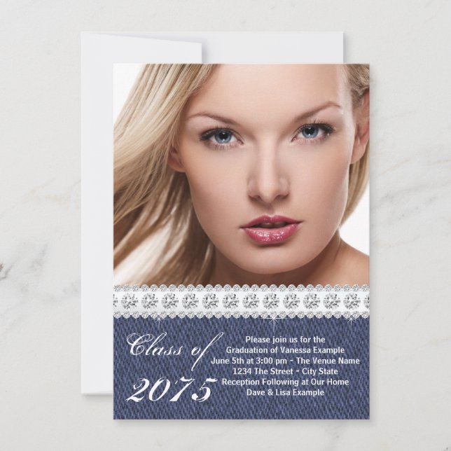 Blue Denim and Diamond Graduation Announcement (Front)