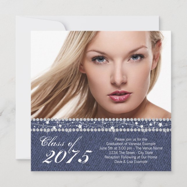 Blue Denim and Diamond Graduation Announcement (Front)