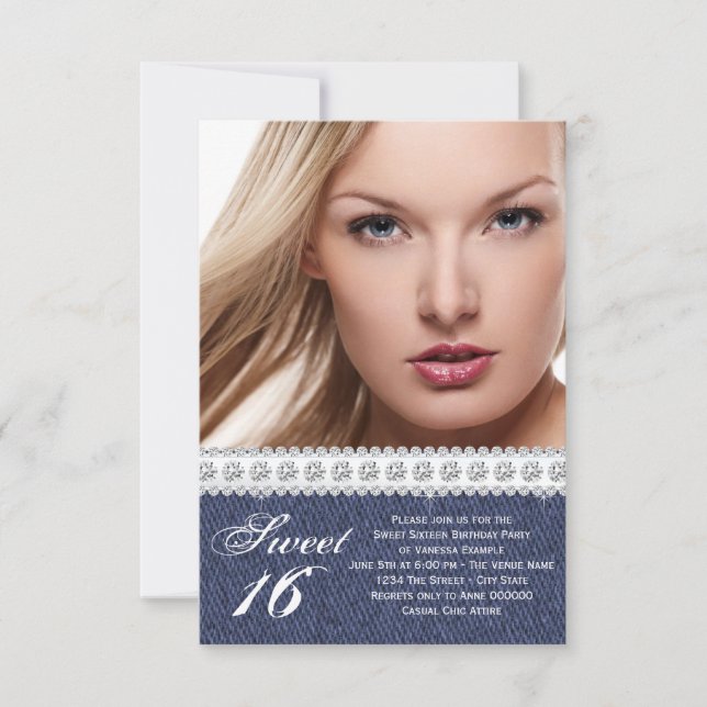Blue Denim and Diamond Sweet Sixteen Party Invitation (Front)
