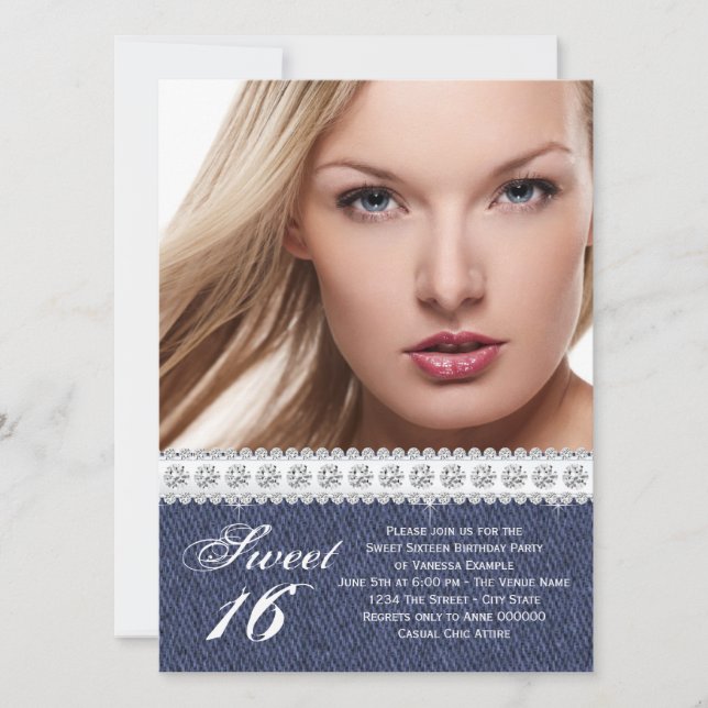 Blue Denim and Diamond Sweet Sixteen Party Invitation (Front)