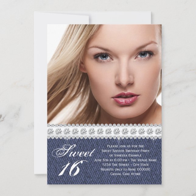 Blue Denim and Diamond Sweet Sixteen Party Invitation (Front)
