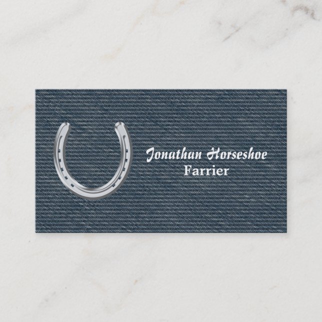 Blue denim and silver horseshoe business card (Front)