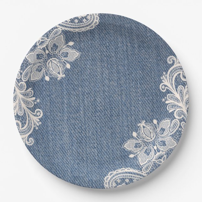 Blue Denim and White Lace Shabby Chic Paper Plate (Front)