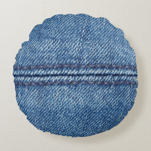 Blue denim background close-up (macro) round cushion