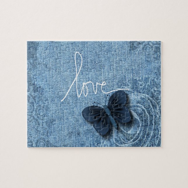 Blue Denim Butterfly Love Sweet Jigsaw Puzzle (Horizontal)