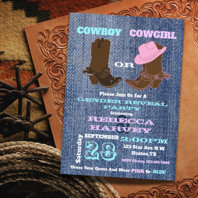 blue denim cowboy or cowgirl gender reveal party invitation (blue denim cowboy or cowgirl gender reveal party invitation)