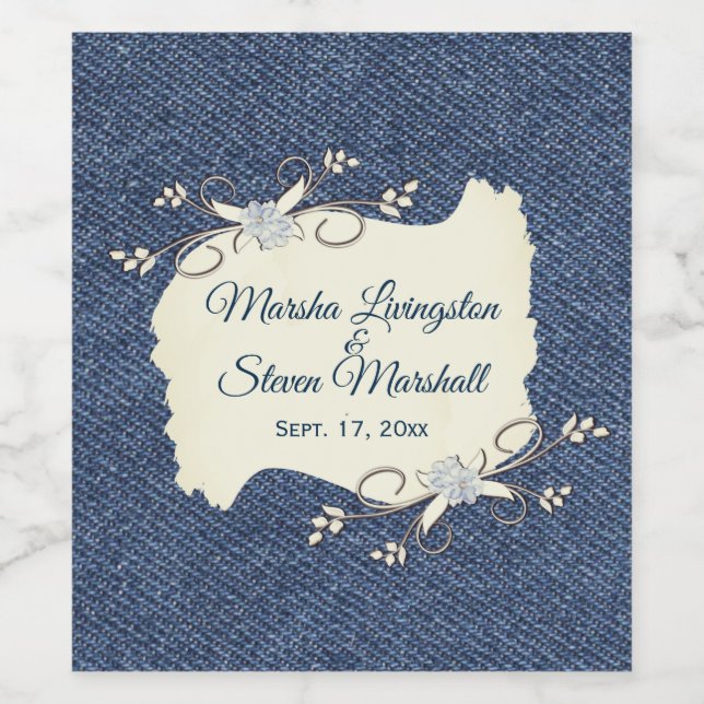 Blue Denim Design Names and Date Wine Label (Single Label)
