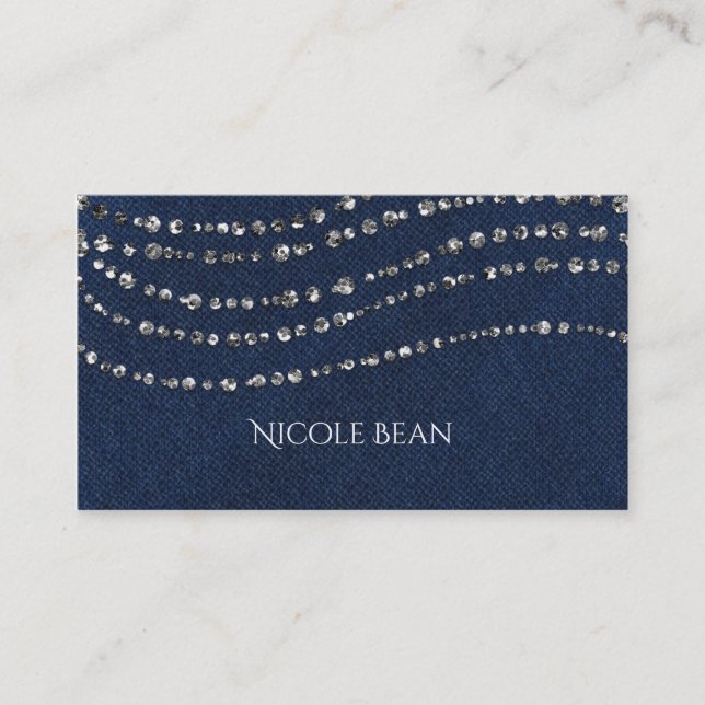 Blue Denim & Diamonds Faux Sparkle Bling Business Card (Front)