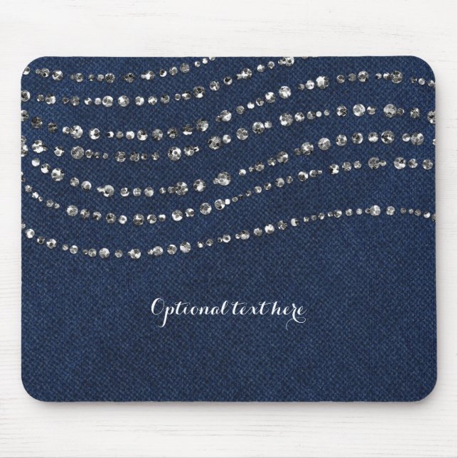 Blue Denim & Diamonds Faux Sparkle Bling Chic Mouse Mat (Front)