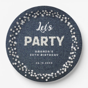 Blue Denim Diamonds Glitter Rhinestone Let's Party Paper Plate