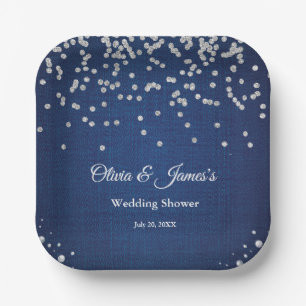 Blue Denim Diamonds Pearls Couple's Wedding Shower Paper Plate