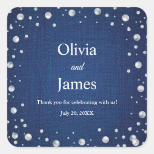 Blue Denim Diamonds Pearls Couple's Wedding Shower Square Sticker