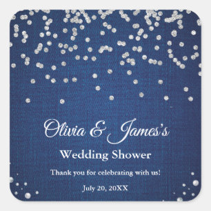 Blue Denim Diamonds Pearls Couple's Wedding Shower Square Sticker