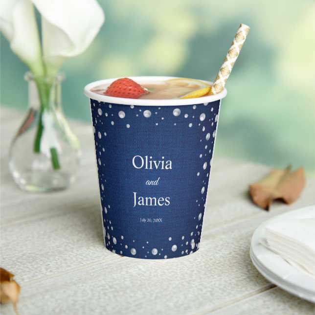 Blue Denim Diamonds Pearls Wedding Couple's Shower Paper Cups (Insitu)