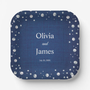 Blue Denim Diamonds Pearls Wedding Couple's Shower Paper Plate