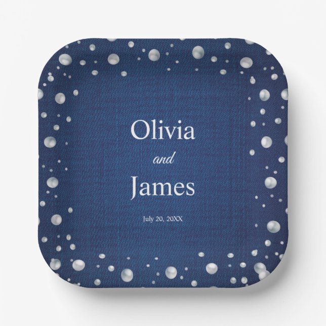 Blue Denim Diamonds Pearls Wedding Couple's Shower Paper Plate (Front)