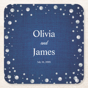 Blue Denim Diamonds Pearls Wedding Couple's Shower Square Paper Coaster