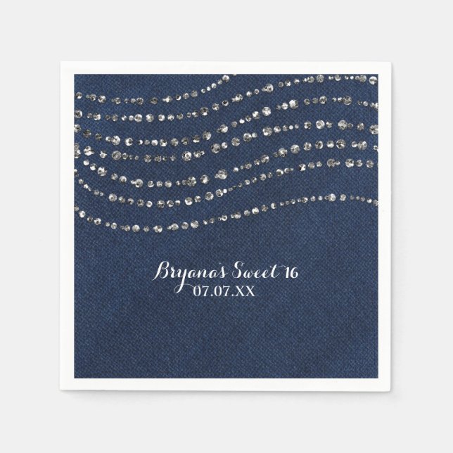 Blue Denim & Diamonds Sparkle Bling Birthday Party Napkin (Front)