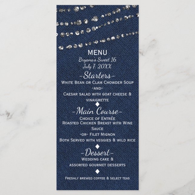 Blue Denim & Diamonds Sparkle Bling Party Menu (Front)