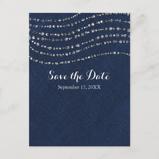 Blue Denim & Diamonds Sparkle Bling Save The Date Announcement Postcard (Front)