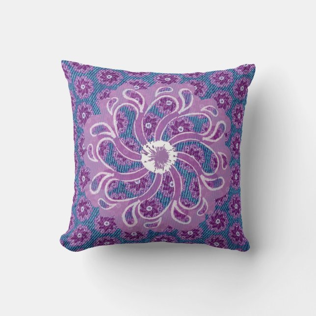 Blue Denim effect and large purple flower pillow (Front)
