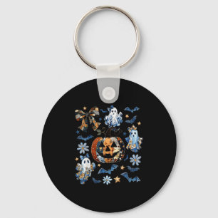 Blue Denim Floral Patchwork Pumpkin Ghost Coquette Key Ring