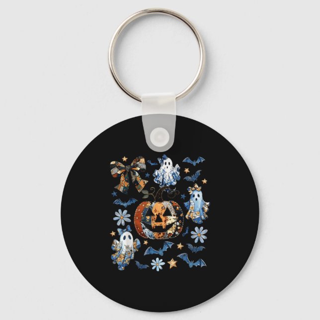 Blue Denim Floral Patchwork Pumpkin Ghost Coquette Key Ring (Front)