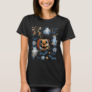Blue Denim Floral Patchwork Pumpkin Ghost Coquette T-Shirt