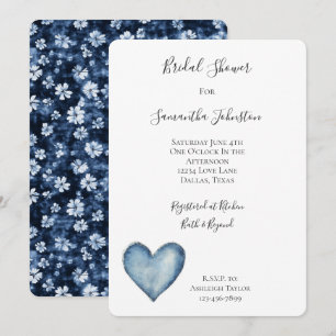 Blue Denim Heart Floral Bridal Shower Invitation