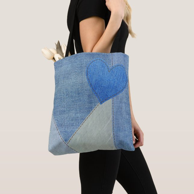 Blue Denim Heart Tote Bag (Close Up)