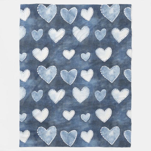 Blue Denim Hearts Fleece Blanket (Front)