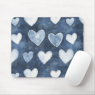 Blue Denim Hearts Mouse Mat