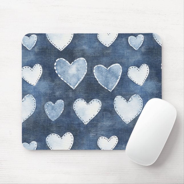 Blue Denim Hearts Mouse Mat (With Mouse)