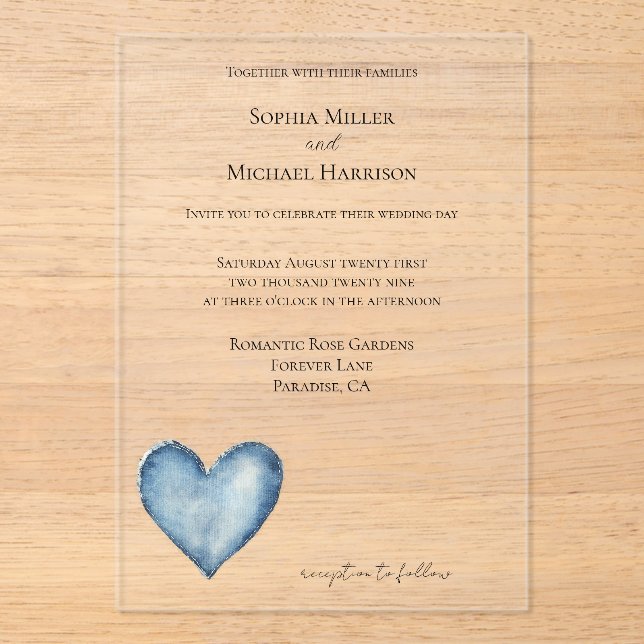 Blue Denim Jean Heart Wedding Acrylic Invitations (Front)
