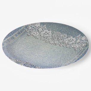 Blue Denim Jean & White Heart Lace Bridal Shower Paper Plate