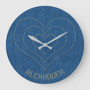 Blue Denim Jeans Fabric 3 Hearts Name Personalised Large Clock