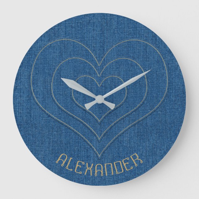 Blue Denim Jeans Fabric 3 Hearts Name Personalised Large Clock (Front)